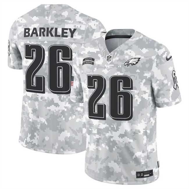 Mens Philadelphia Eagles #26 Saquon Barkley 2024 F.U.S.E Arctic Camo Salute To Service Limited Stitched Jersey Dyin